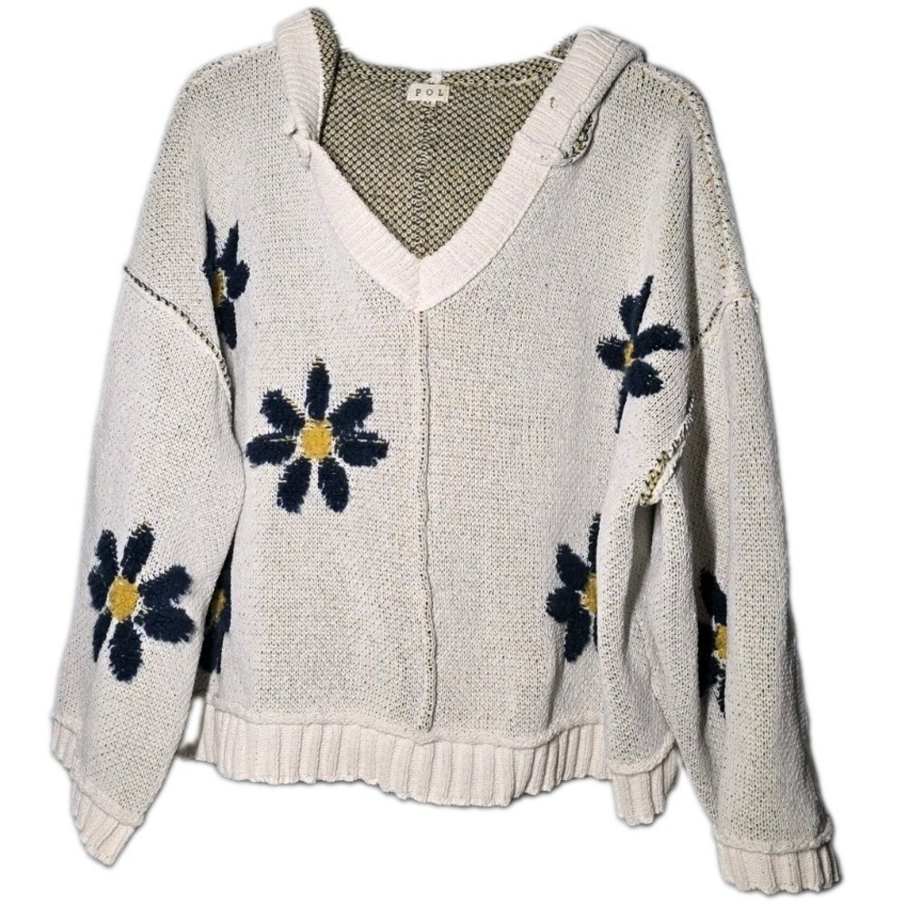 POL Womens Size‎ Medium Daisy Hoodie Sweater Ivory Knit Boho Cottagecore
